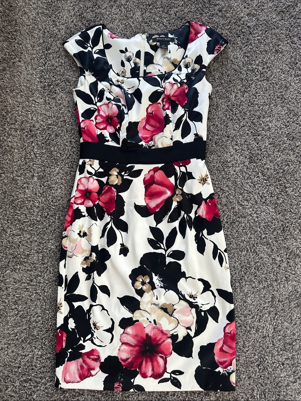 White House Black Market White Floral Midi Dress with Pink & Black Accents